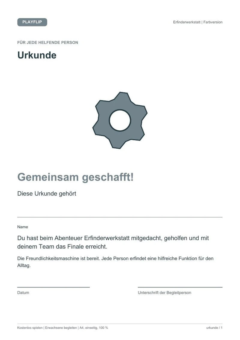 Originale Urkunde aus Die Freundlichkeitsmaschine