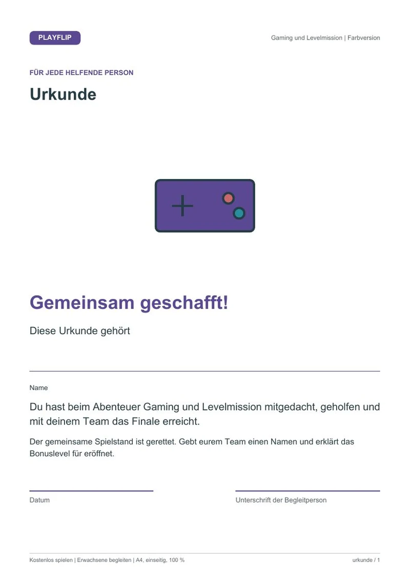 Originale Urkunde aus Neustart auf Levelinsel