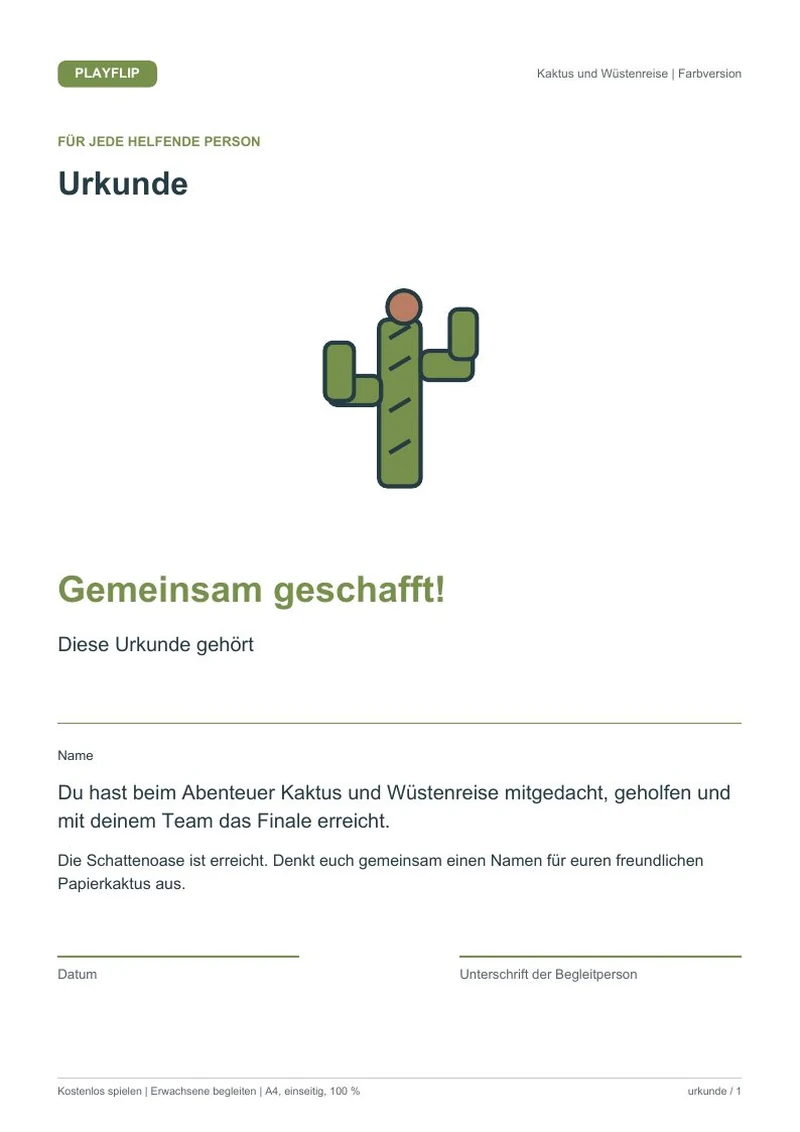 Originale Urkunde aus Der Weg zur Schattenoase