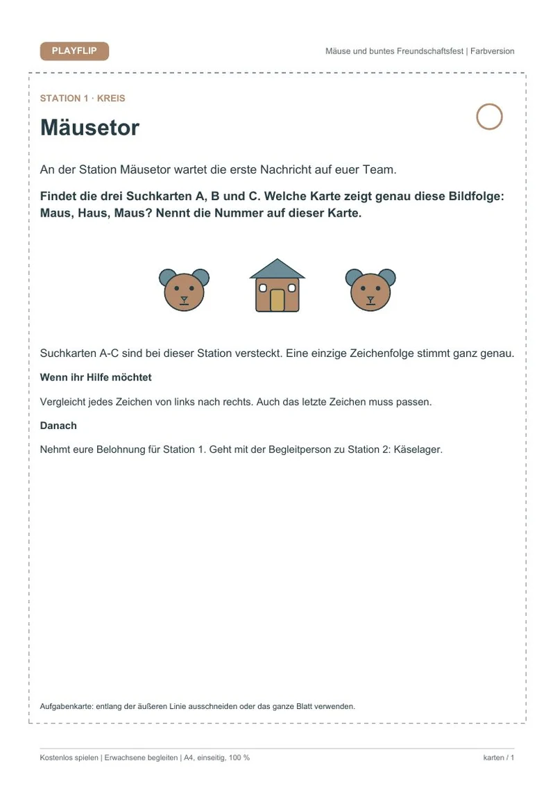 Originale erste Aufgabenkarte aus Das Fest im Mäuseviertel