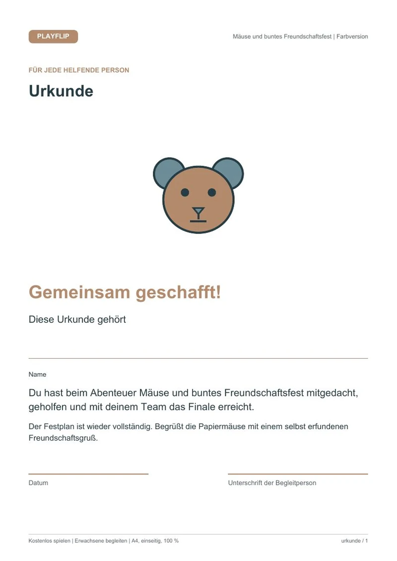 Originale Urkunde aus Das Fest im Mäuseviertel