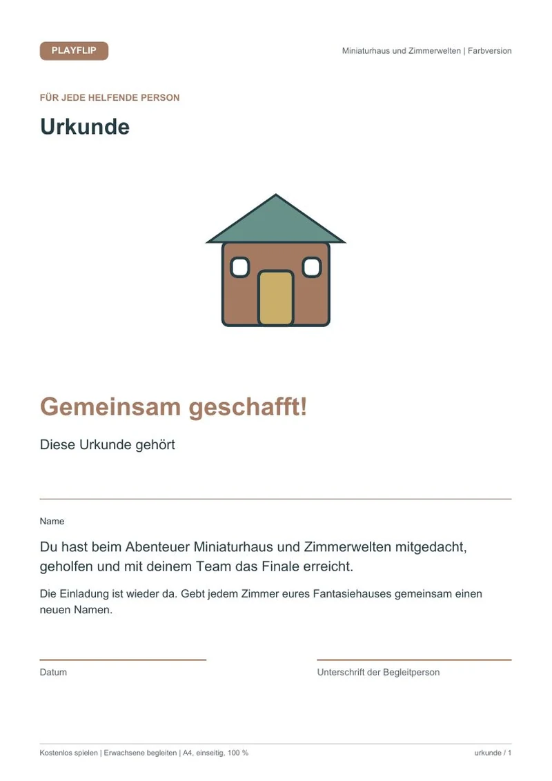 Originale Urkunde aus Das Fest der kleinen Zimmer