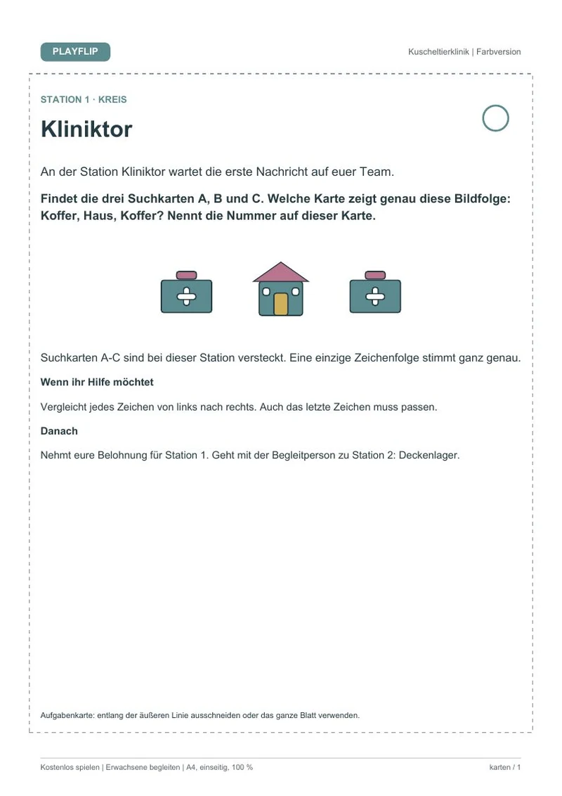 Originale erste Aufgabenkarte aus Wohlfühltag für Kuscheltiere