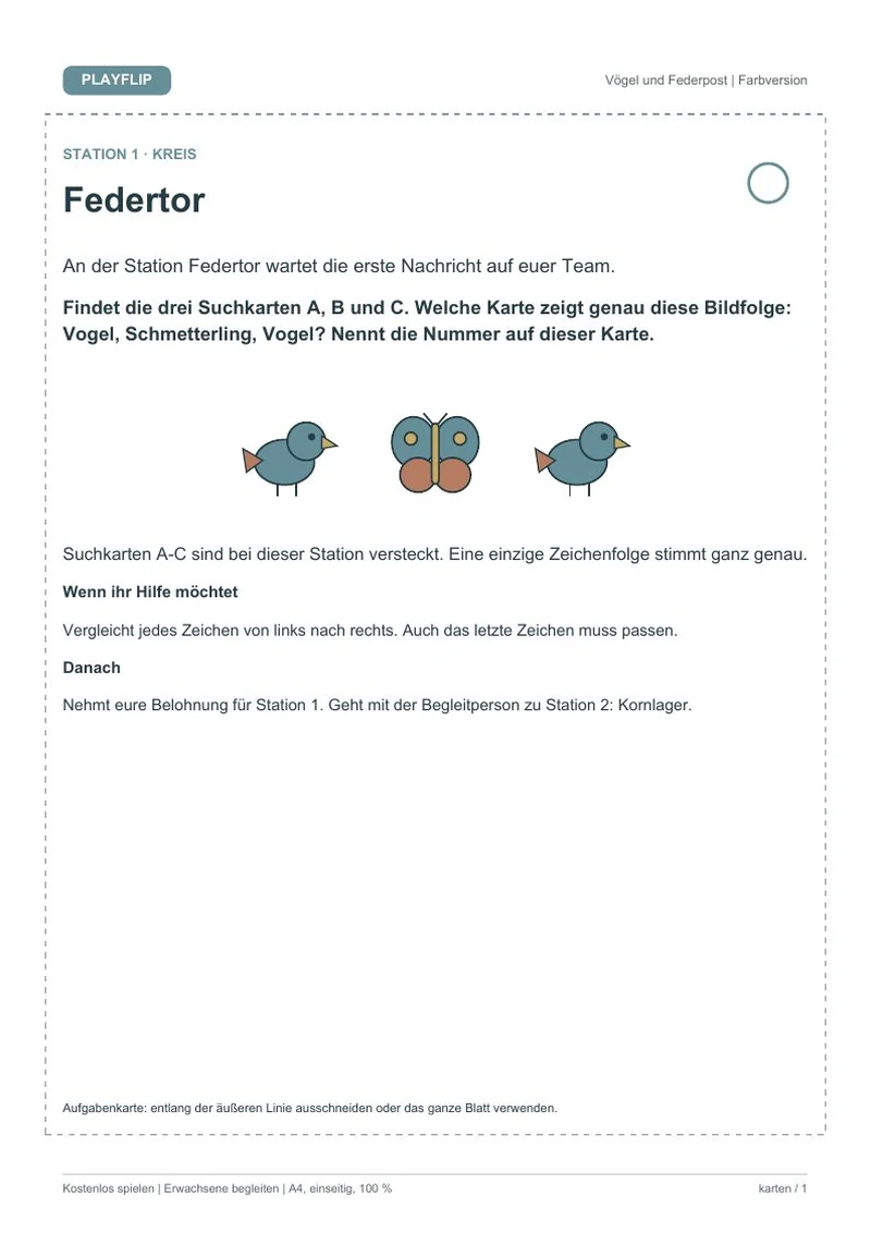 Originale erste Aufgabenkarte aus Der Brief der Federpost