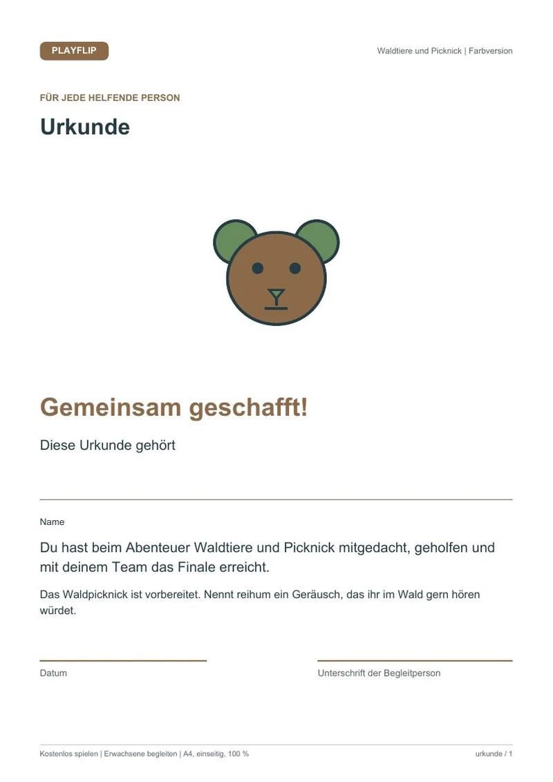 Originale Urkunde aus Picknick im Freundschaftswald