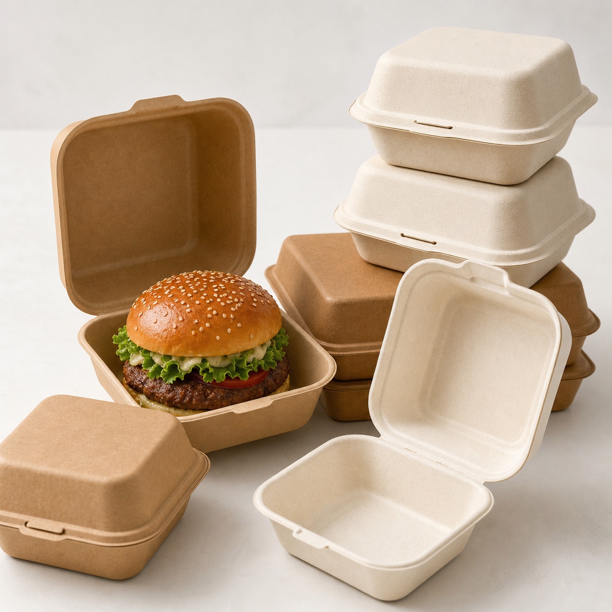 Nahaufnahme von Burgerboxen für Take-away und Lieferservice