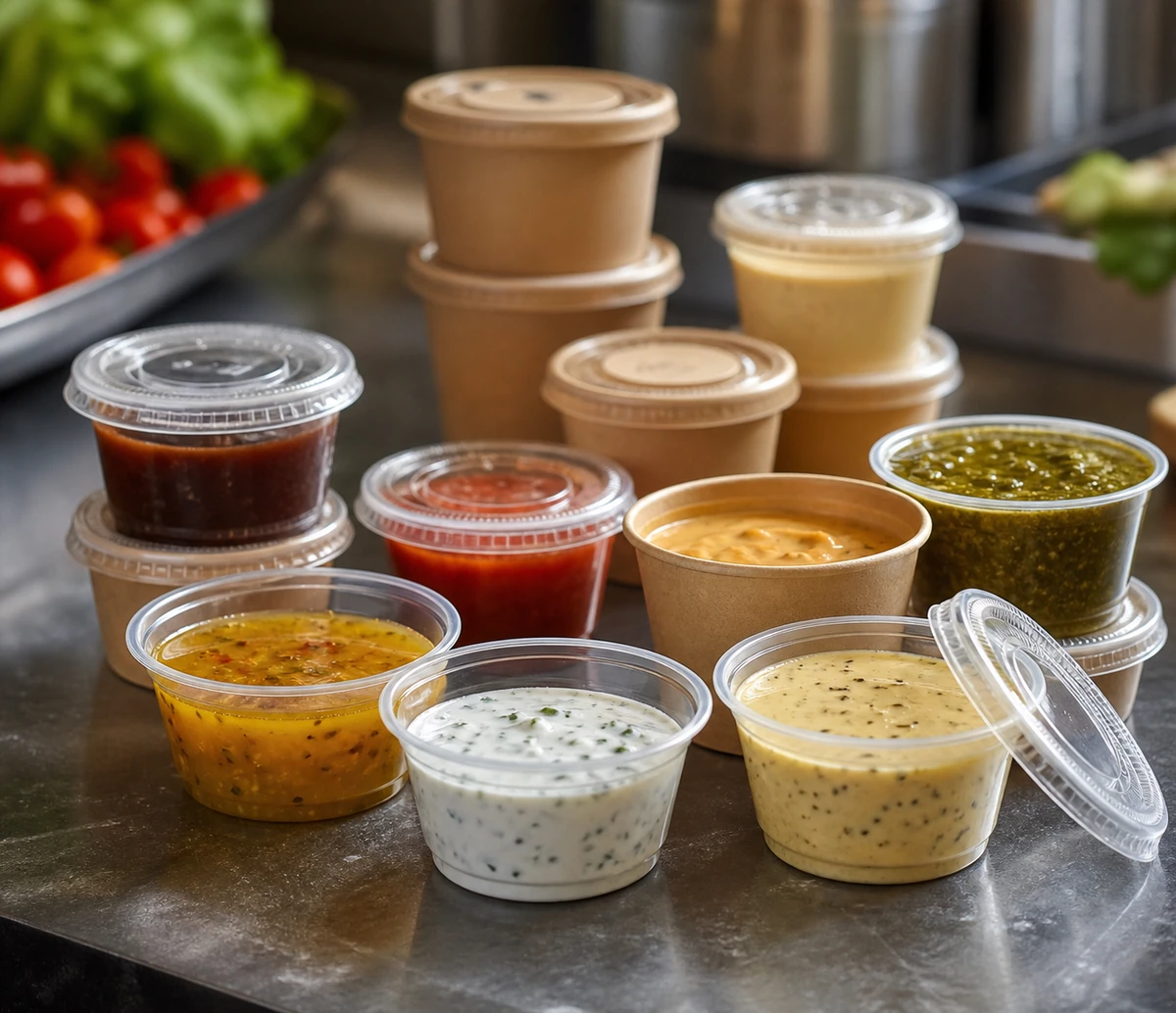 Nahaufnahme von Dressingbechern und Portionsbechern