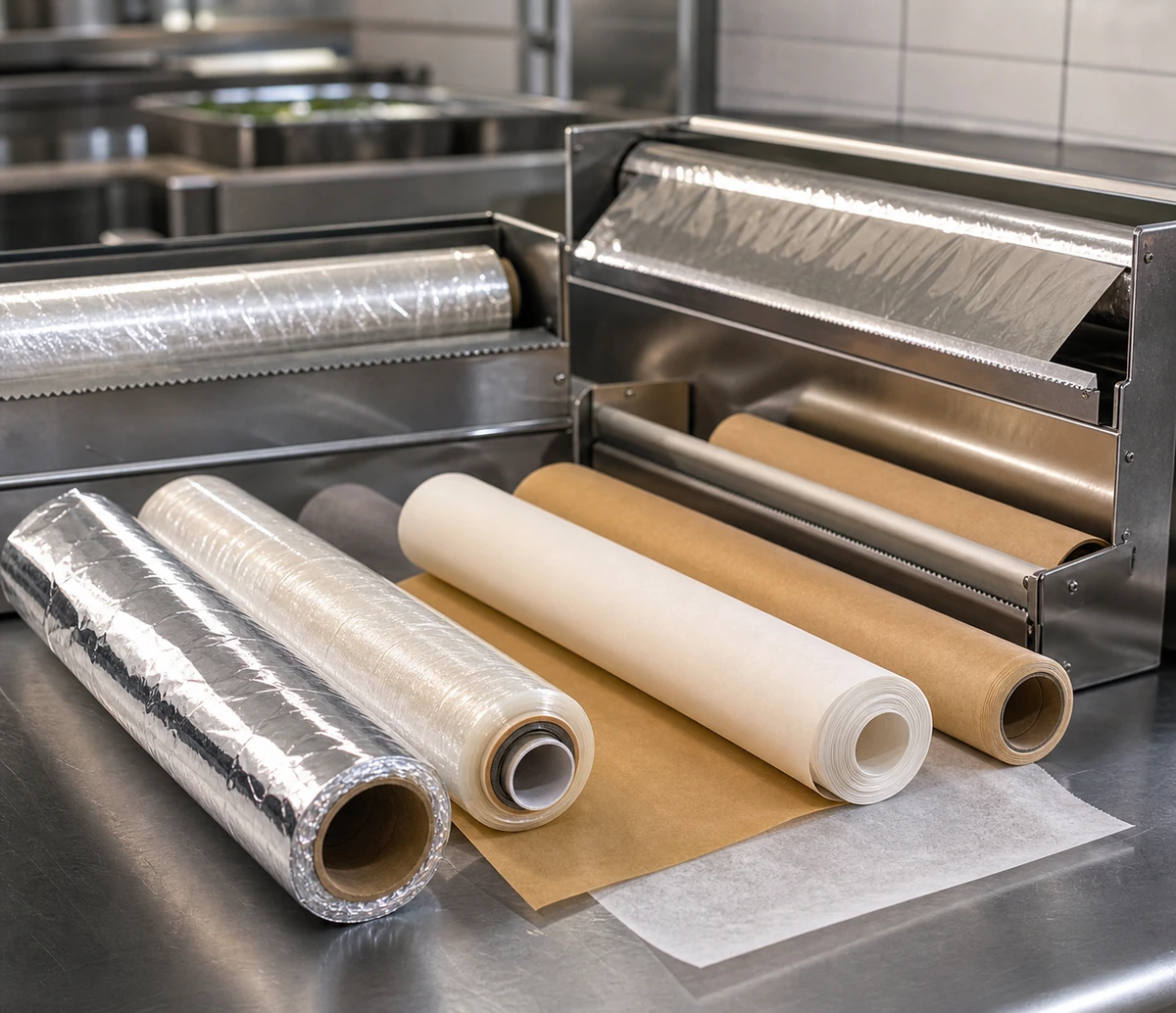Nahaufnahme von Lebensmittelfolien und Lebensmittelpapier