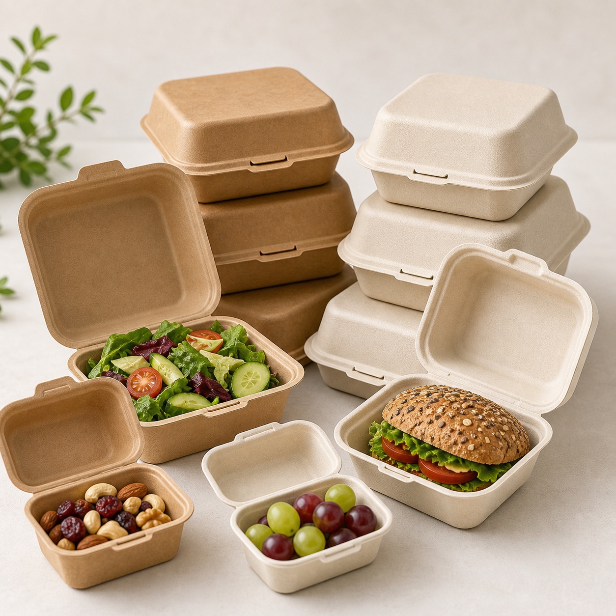 Nahaufnahme von Menüboxen und Snackboxen aus Kraftpapier und Bagasse