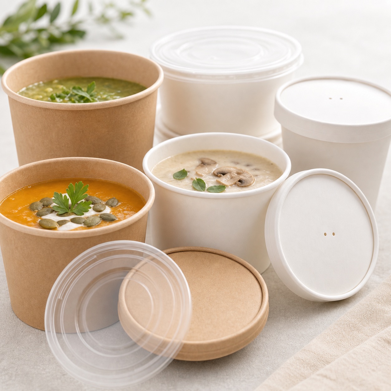 Nahaufnahme von To-go-Suppenbechern mit passenden Deckeln